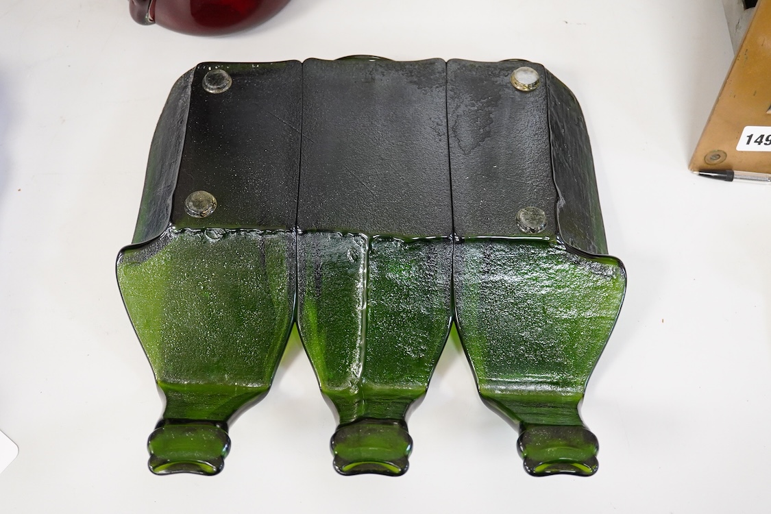 A Mary Canny green art glass, three sectioned ‘Champagne tray’, 29.5cm deep x 30.5cm wide